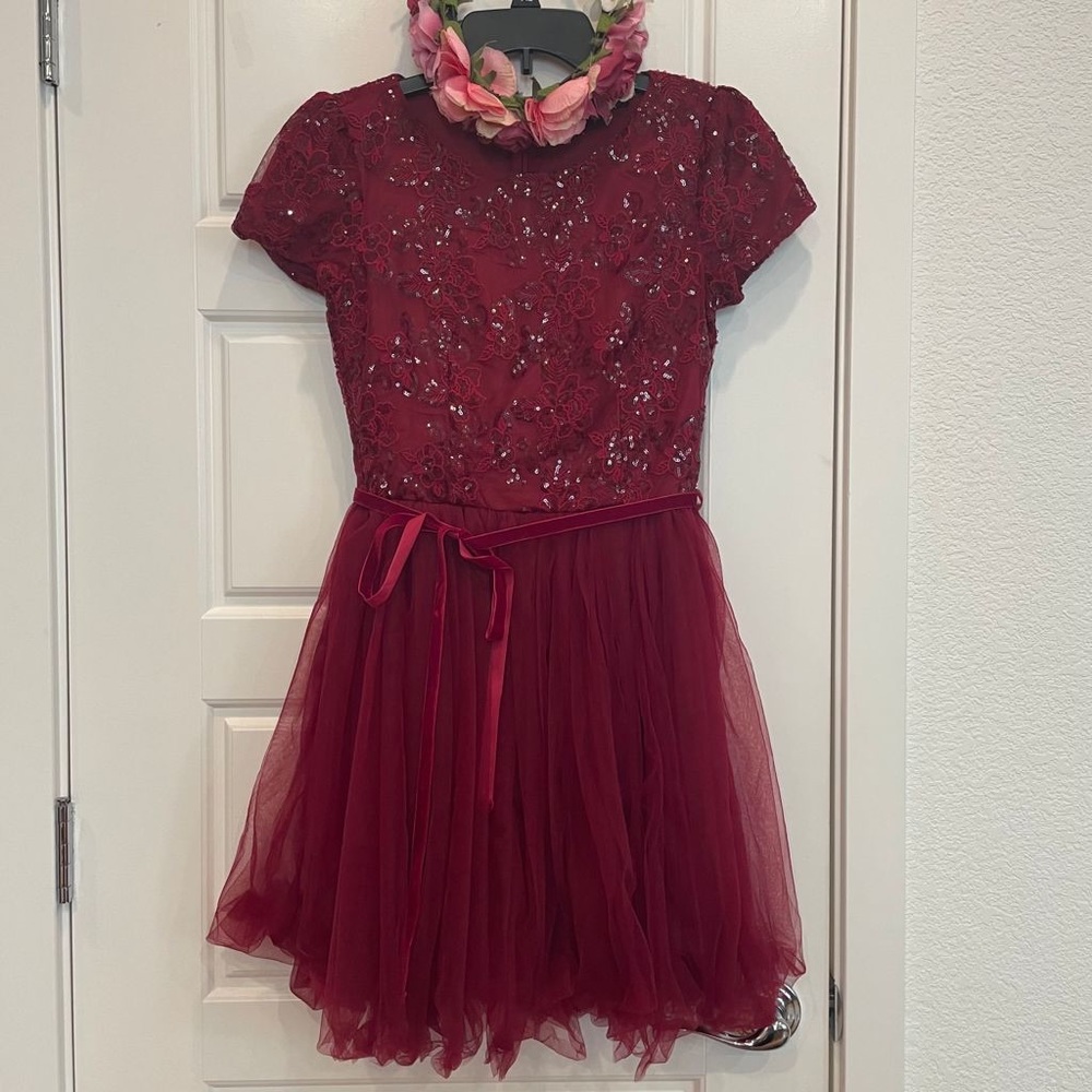 NWOT Juniors dark Red Glitter Tulle Short Sleeve Fit & Flare Mini.